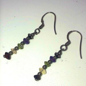 VTG Sterling Amethyst Peridot Clear Quartz & Garnet Stone Earrings 1.5”